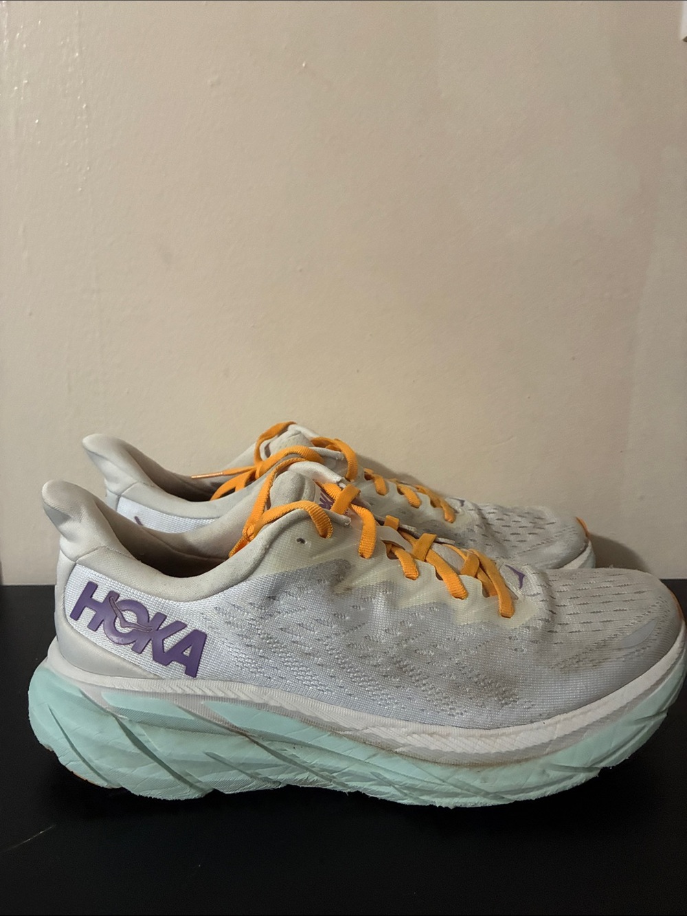 HOKA one Clifton 8 running shoes in the Blanc de Blanc colorway women’s size 10